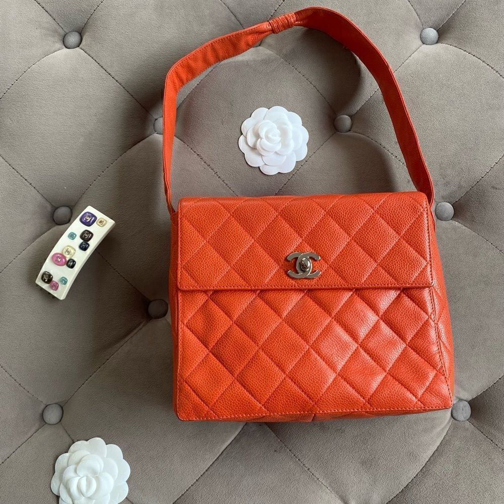 CHANEL Caviar Quilted Shoulder Bag Orange